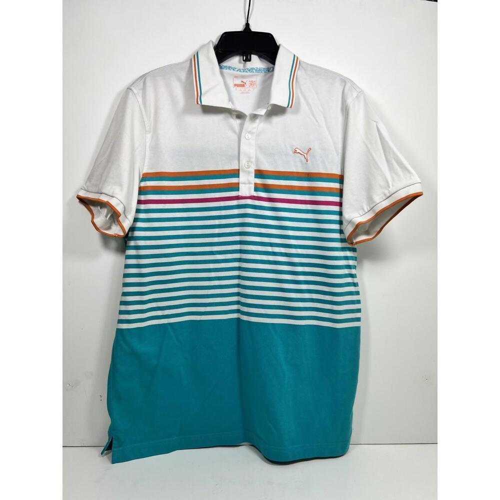 Puma Golf Polo Shirt Men’s Large White Multicolor Stripe Dry cycle Stretch